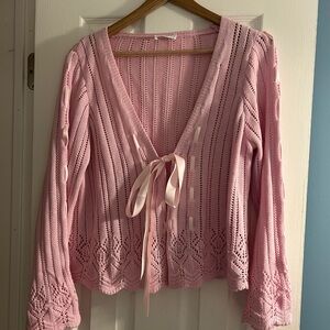 Storia Pink Knit Cardigan with Ribbon Accents